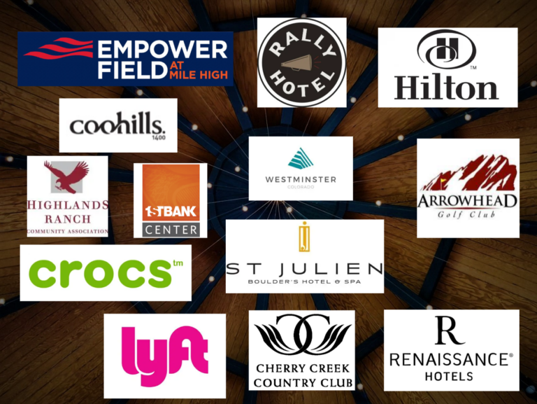 Collage of logos from local venues and brands on a wooden background (Empower Field, Rally Hotel, Hilton, Crocs, Lyft, etc.).