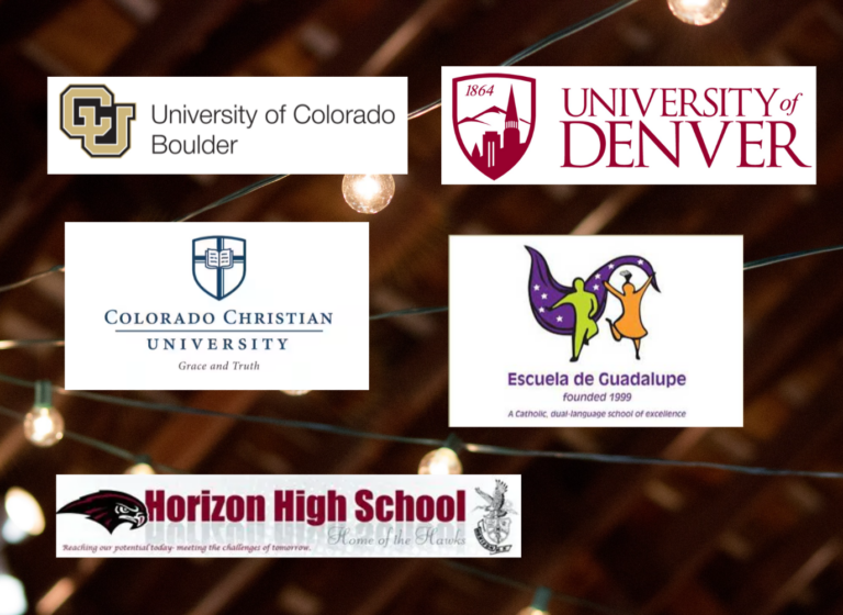 Collage of education logos: University of Colorado Boulder, University of Denver, Colorado Christian University, Escuela de Guadalupe, and Horizon High School